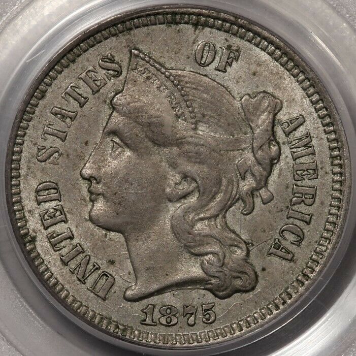 1875 Three Cent Nickel PCGS AU-58. Original!