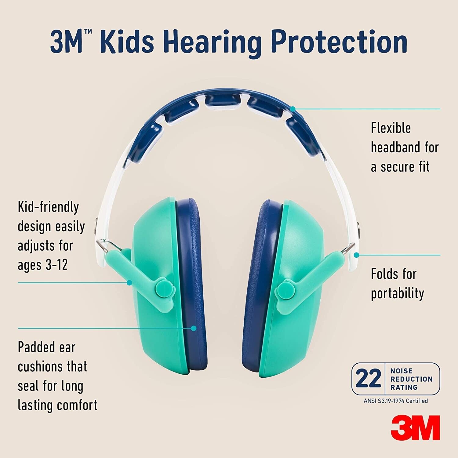 3M Kids Hearing Protection Green Earmuffs 22dB Noise Reduction Rating. Open Box!