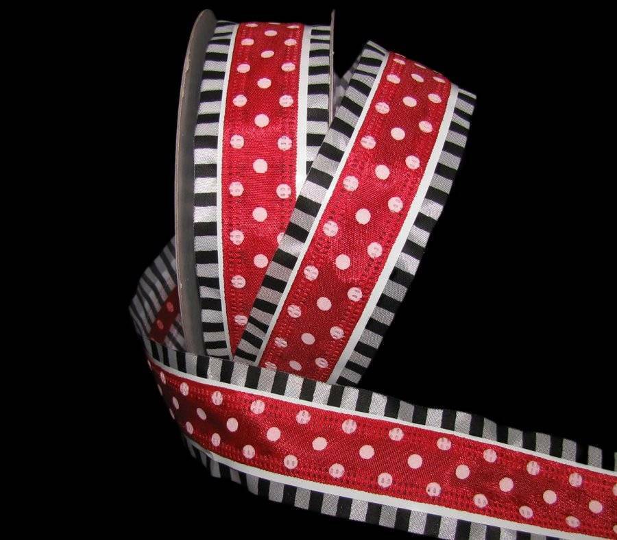 5 Yards Carnival Red White Polka Dot Black White Stripe Edge Wired Ribbon 1 1/2"