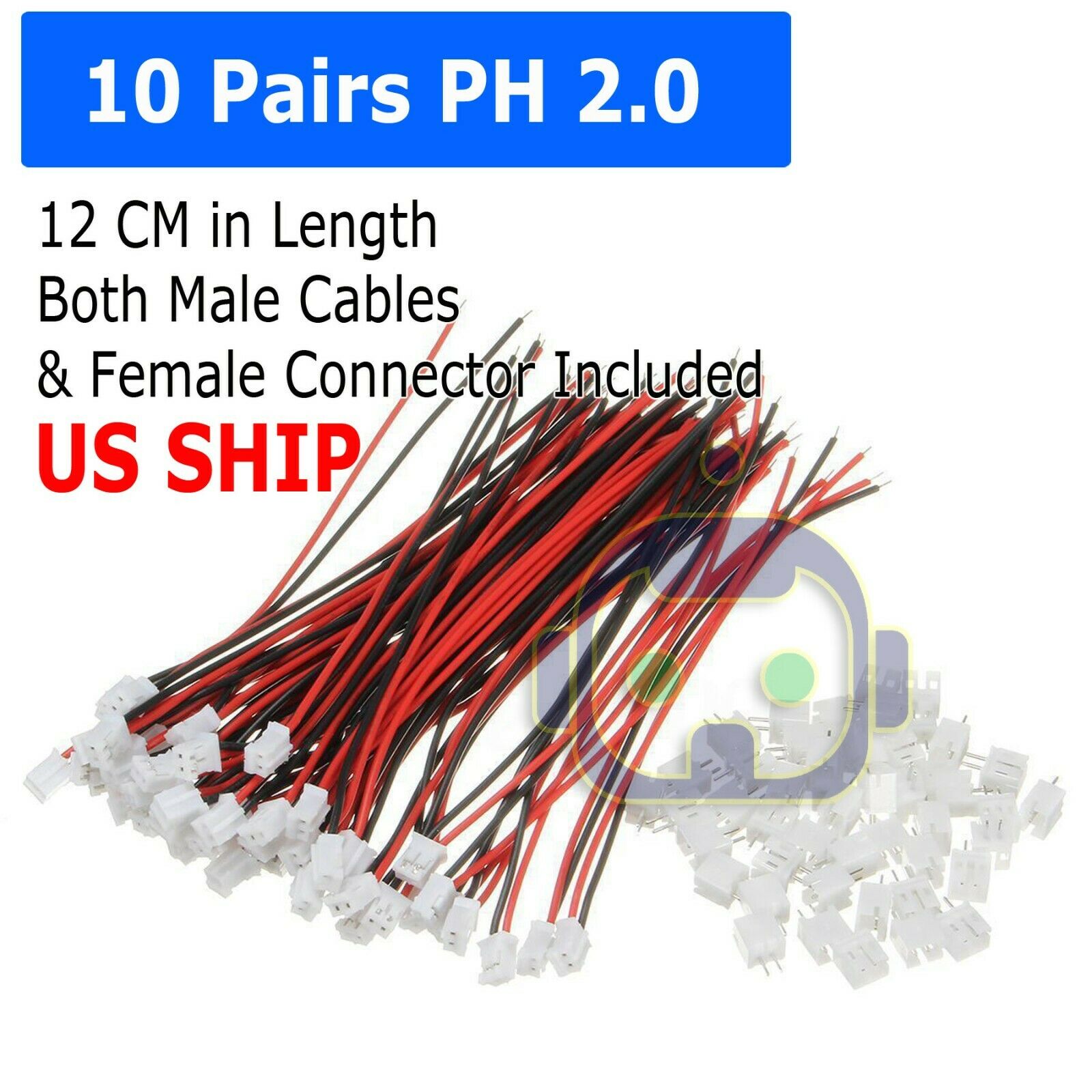 10 Pairs Mini Micro JST 2.0 PH 2-Pin Connector plug with Wires Cables 120MM
