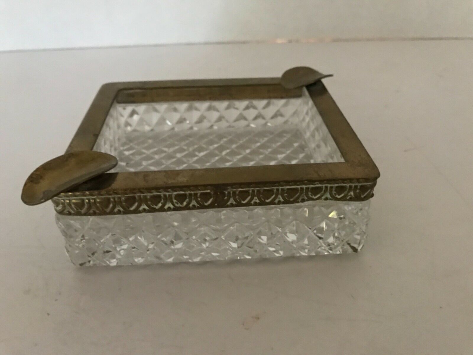 Vintage French Cut Crystal And Ornate Brass Trim Ashtray