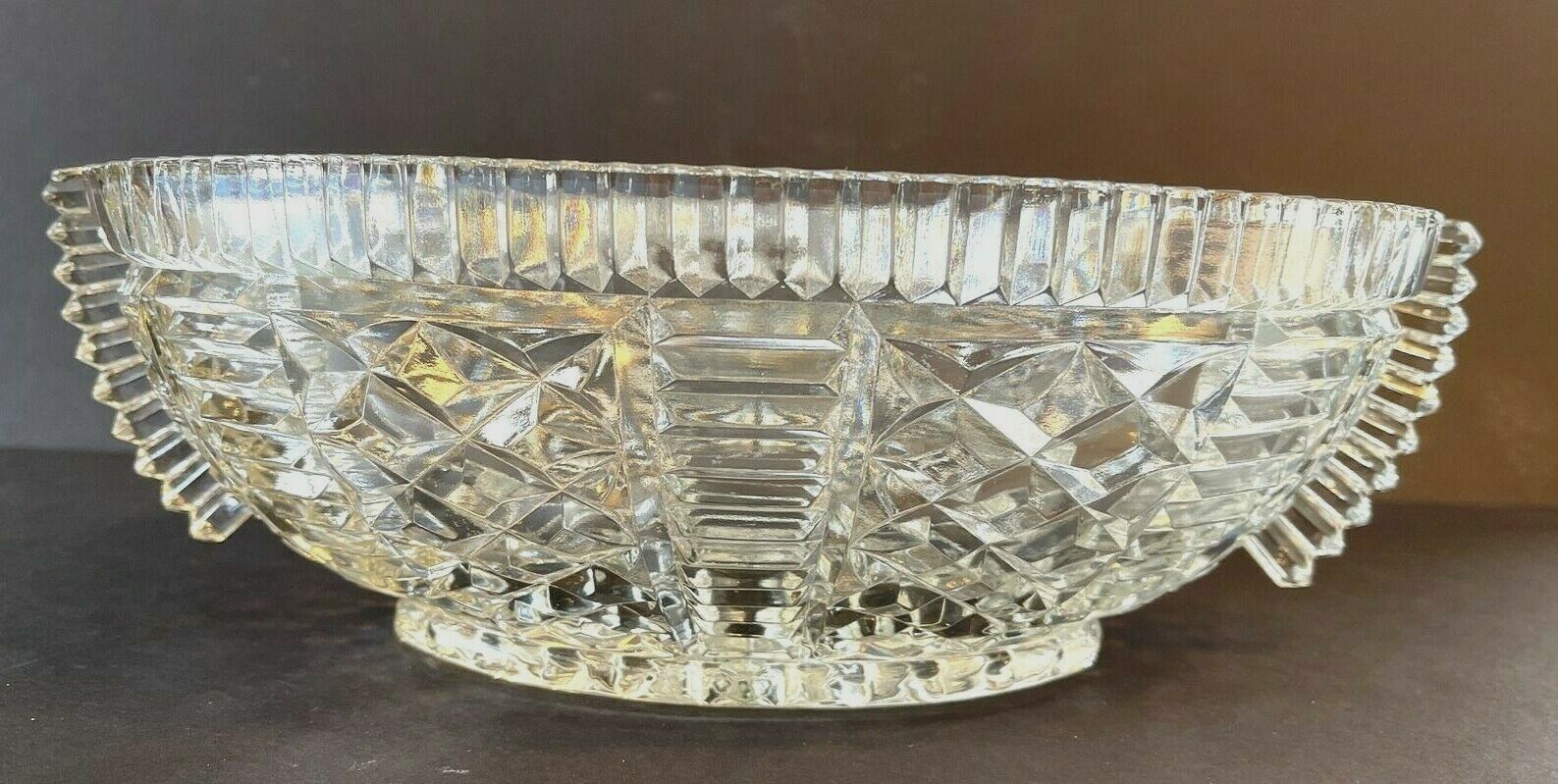 Vtg Unique Oval Crystal Cut Glass Bowl Flat Top Sawtooth Rim & Sawtooth Handles