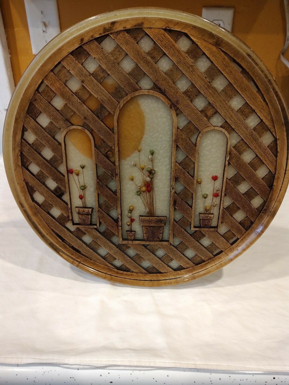 Vintage Round Glass Tray Art Work Embedded Flowers Rare