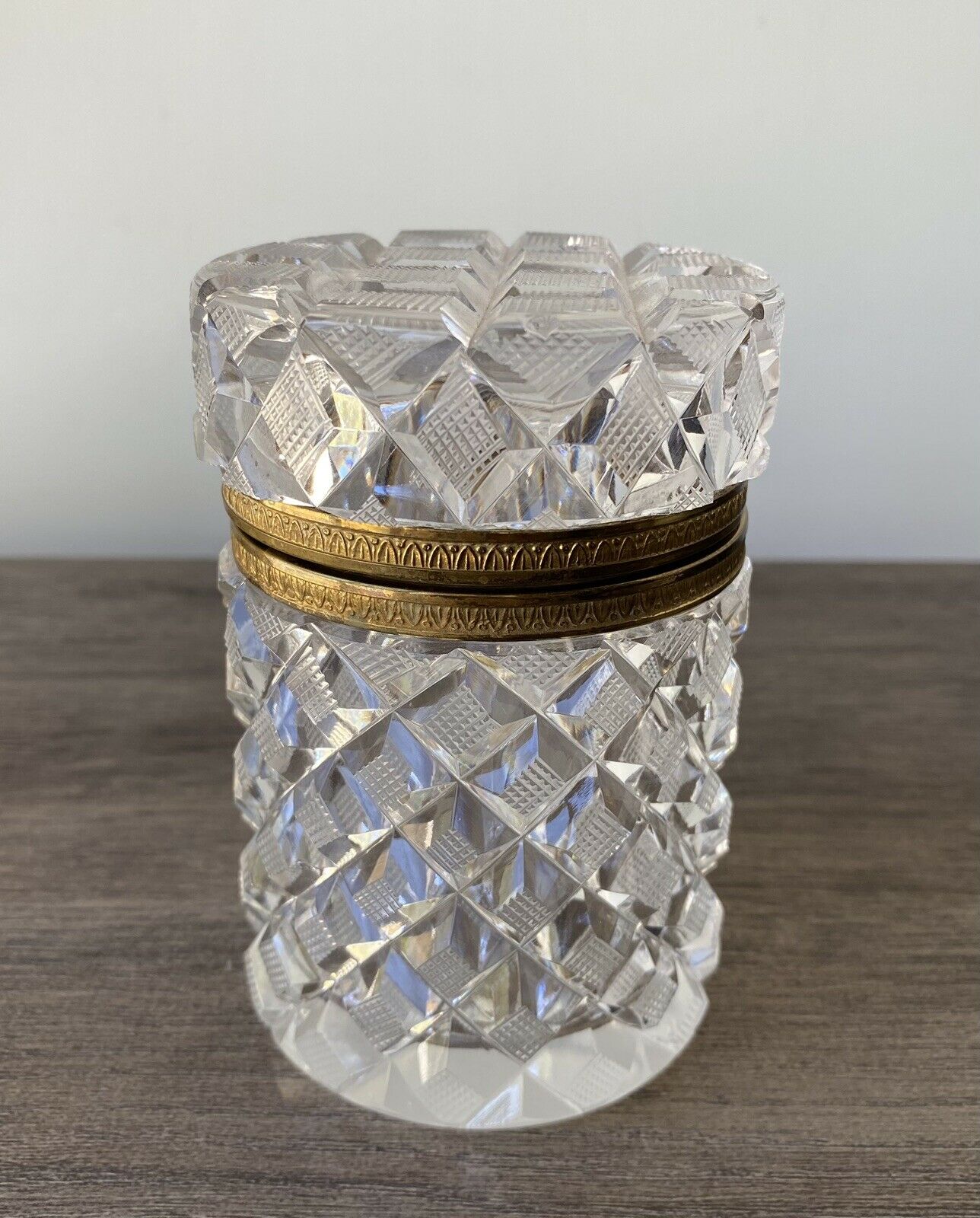 Vintage Cut Crystal Hinged Container Cylindrical Jar Box