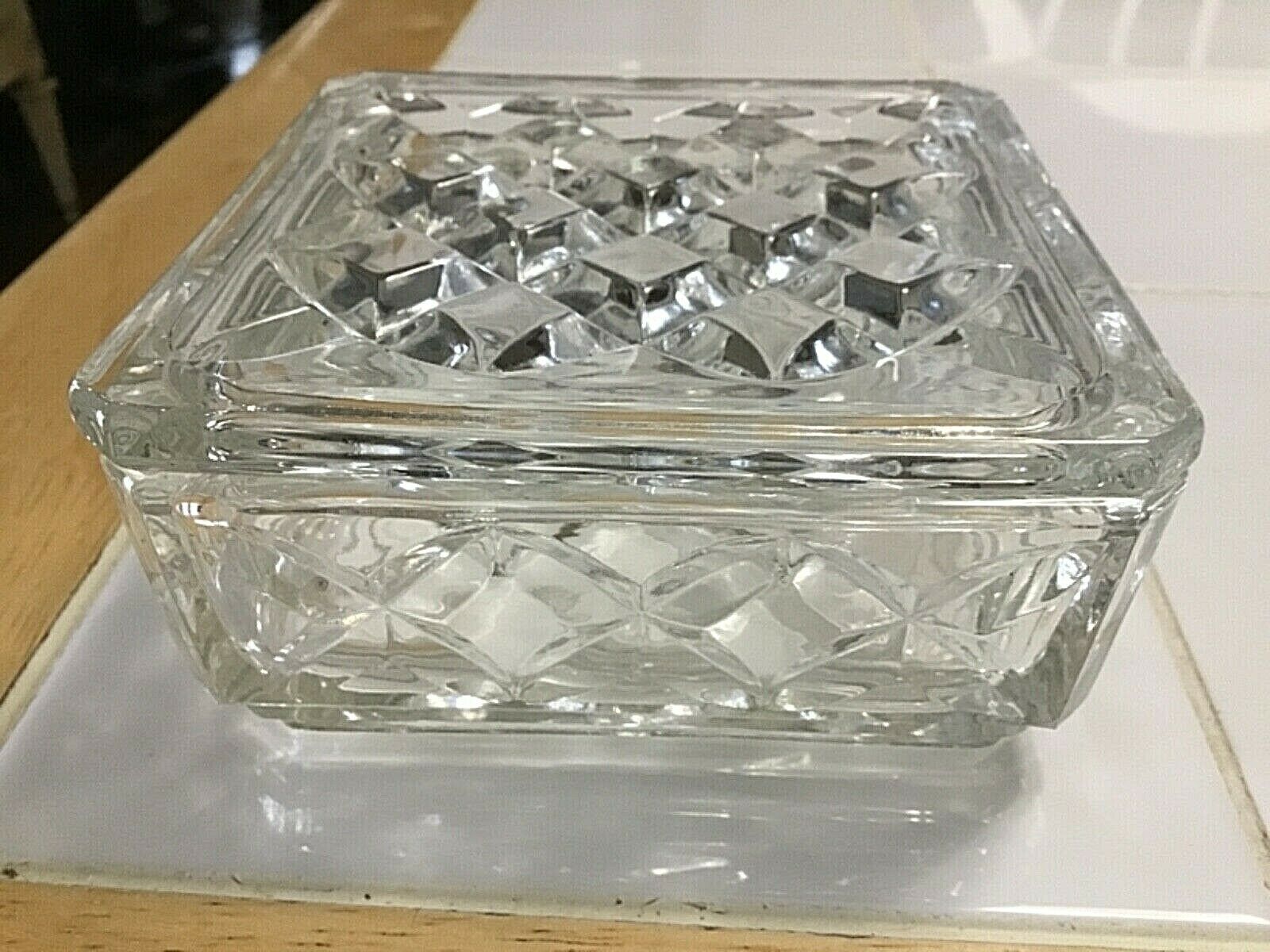 Vintage Heavy Pressed Crystal Cut Glass Lidded Jewelry Trinket Dresser Box