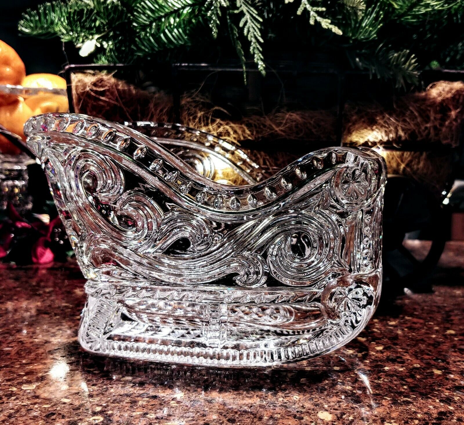 Beautiful 24% Crystal Heavy Sleigh Christmas Holiday Candle Candy Nut Dish
