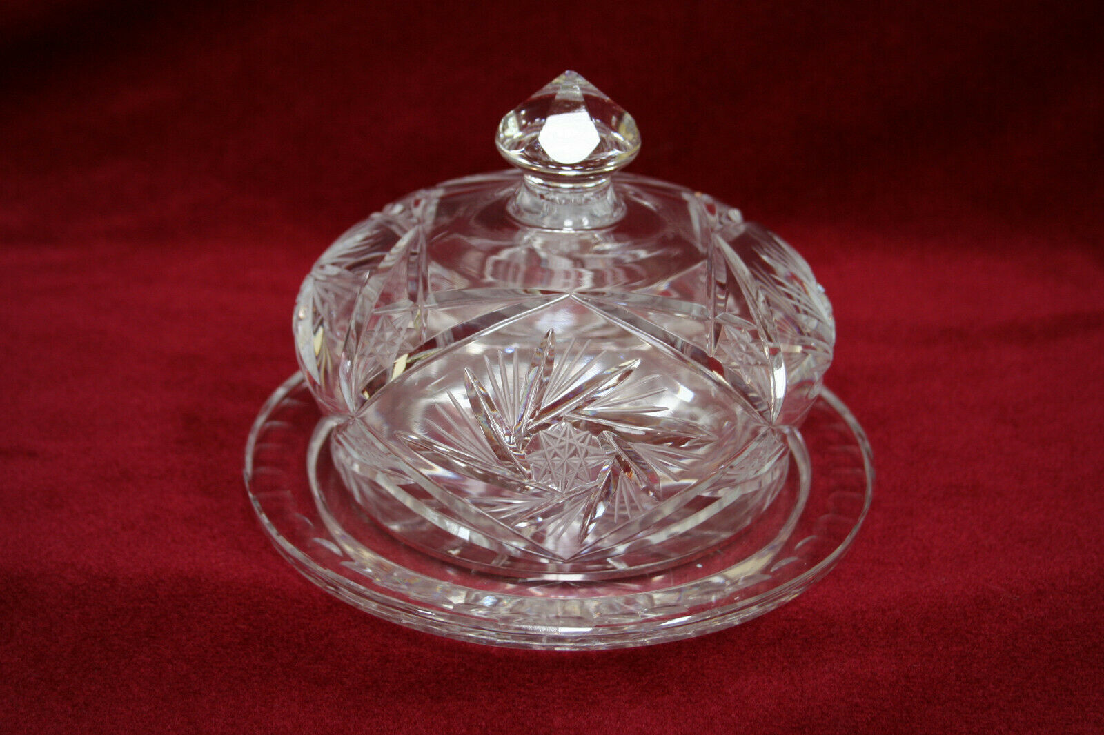 Antique Brilliant Cut Crystal Pinwheel & Star Butter Dish W/dome