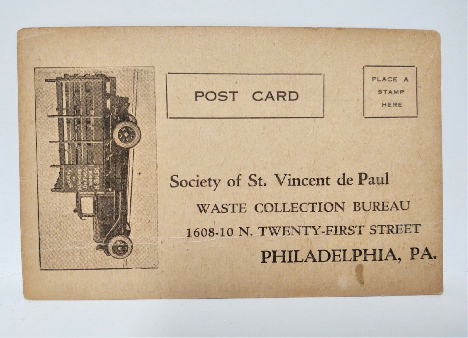 Antique Society Of St. Vincent De Paul Donation Request Postcard 1920 Old Truck