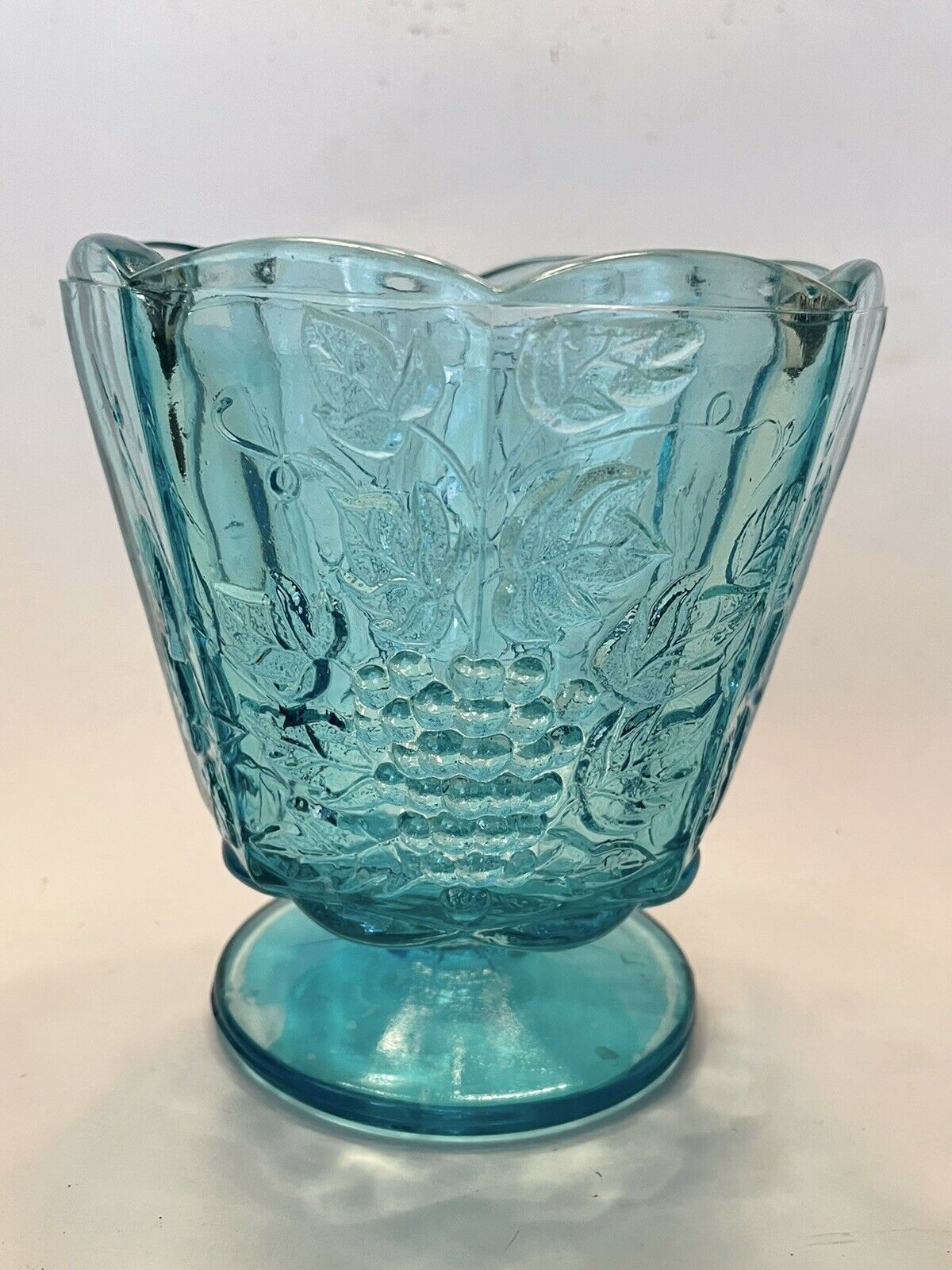 Paneled Bowl Compote With Grapes And Leaves -  Aqua Blue Glass Vintage Scallop