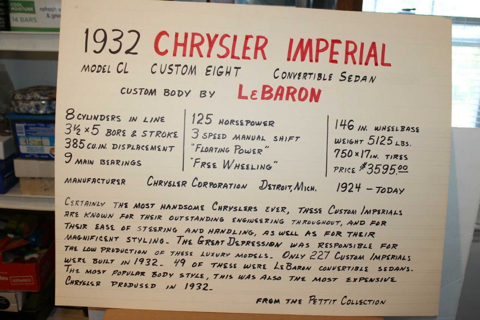 VINTAGE 1932 CHRYSLER  IMPERIAL PETTIT AUTO MUSEUM DISPLAY POSTER