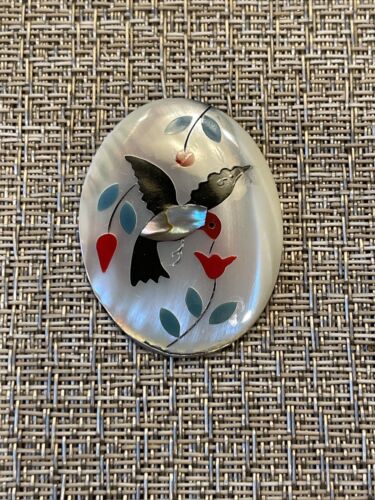 Vintage Hummingbird Mother Of Pearl And Stone Inlay Oval Jewelry Making Piece