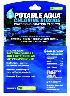 20 Tablets, Potable Aqua H2o Water Purification Chlorine Tabs,for Giardia 3092