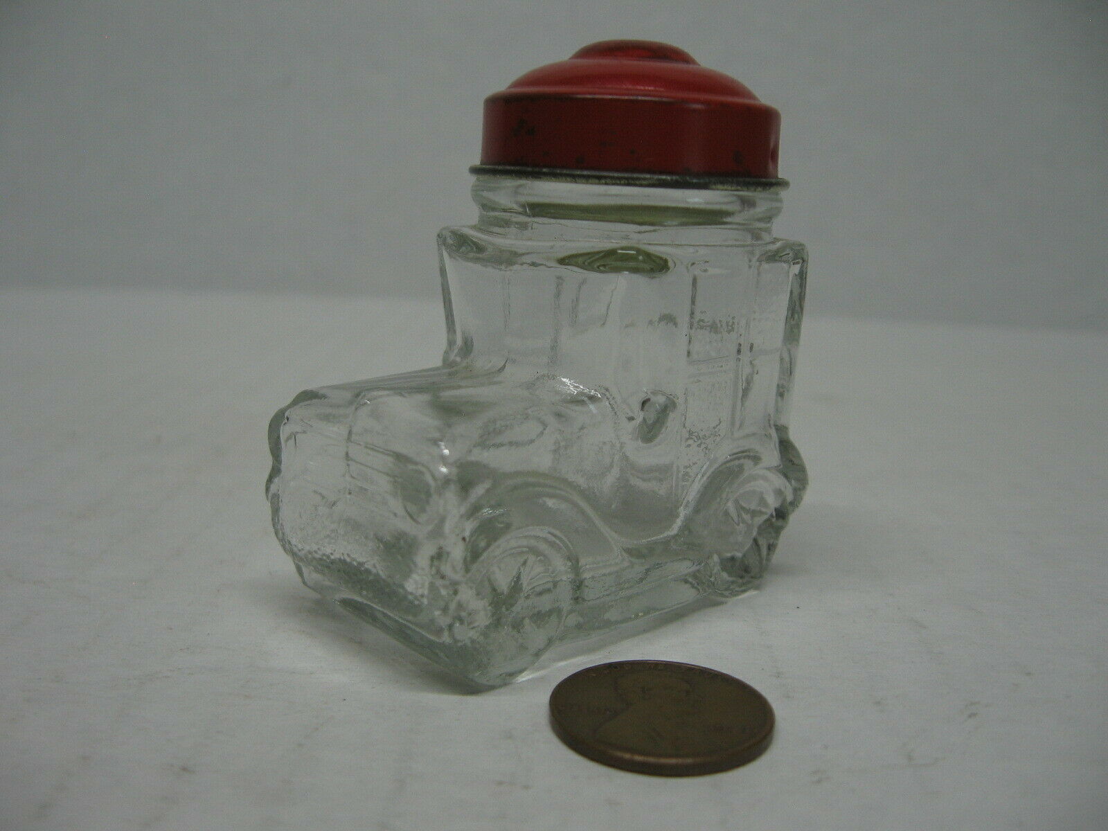 Vintage Clear Glass Car Candy Container With Red Lid