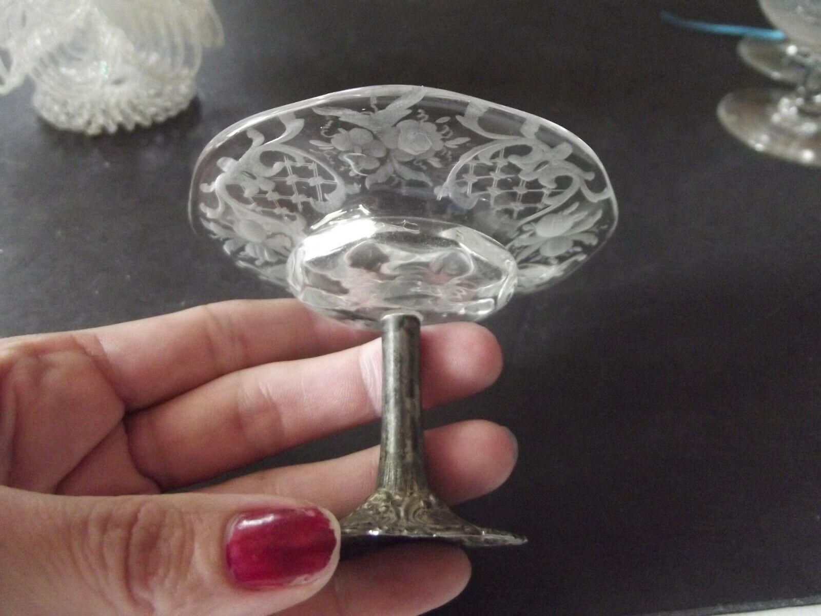 Antique Miniature Compote Open Salt Silver Metal Base Etched Blown Glass Germany