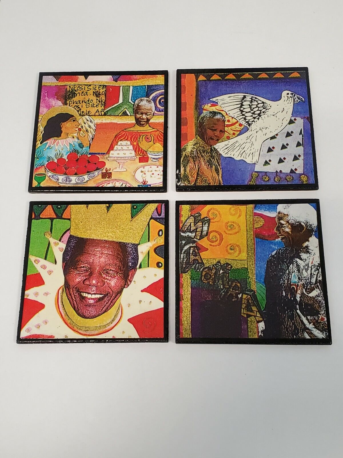Set Of 4 Vintage Nelson Mandela Coasters South Africa Anc Black Lacquer Cork