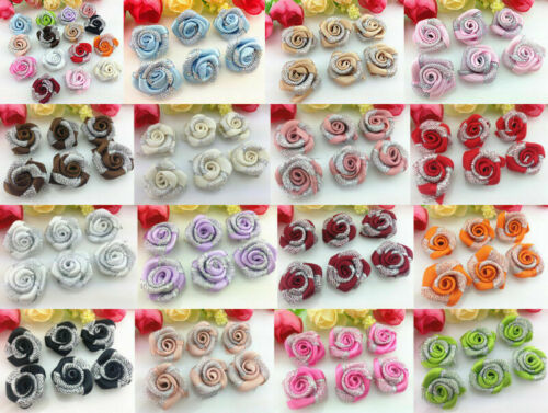 NEW 100PCS Silver Satin Ribbon Rose Flower DIY Craft Wedding Appliques/Trim