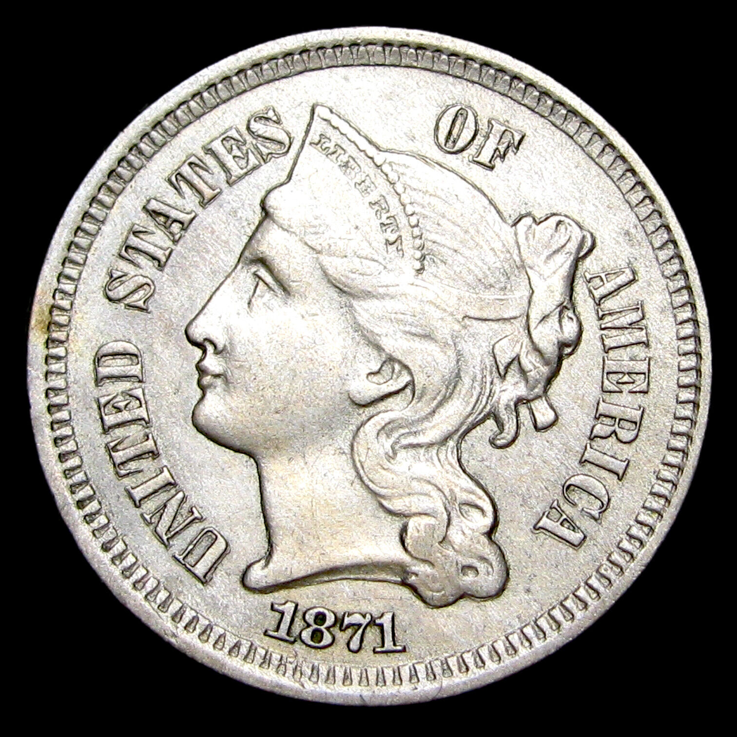 1871 Copper Nickel Cent Piece 3cp  ---- Stunning Details Type Coin ---- #WW714