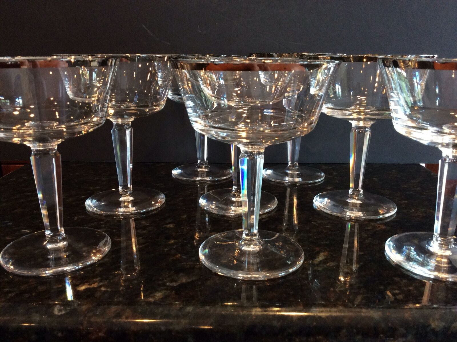 Set 8 Cut Crystal Martini Champagne Glasses Lenox Solitaire Platinum Band