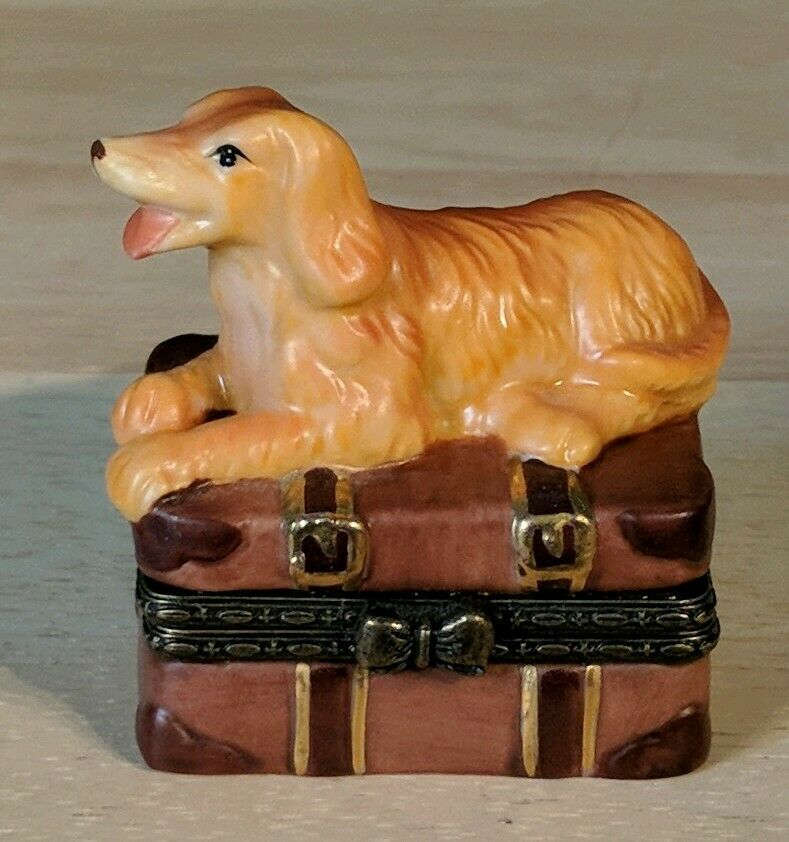 Golden Retriever Sitting On Travel Trunk Hinged Trinket Box W/bone Inside