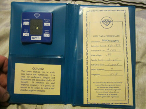 LEMON QUARTZ Gemstone with Gem Data Certificate Souvenir