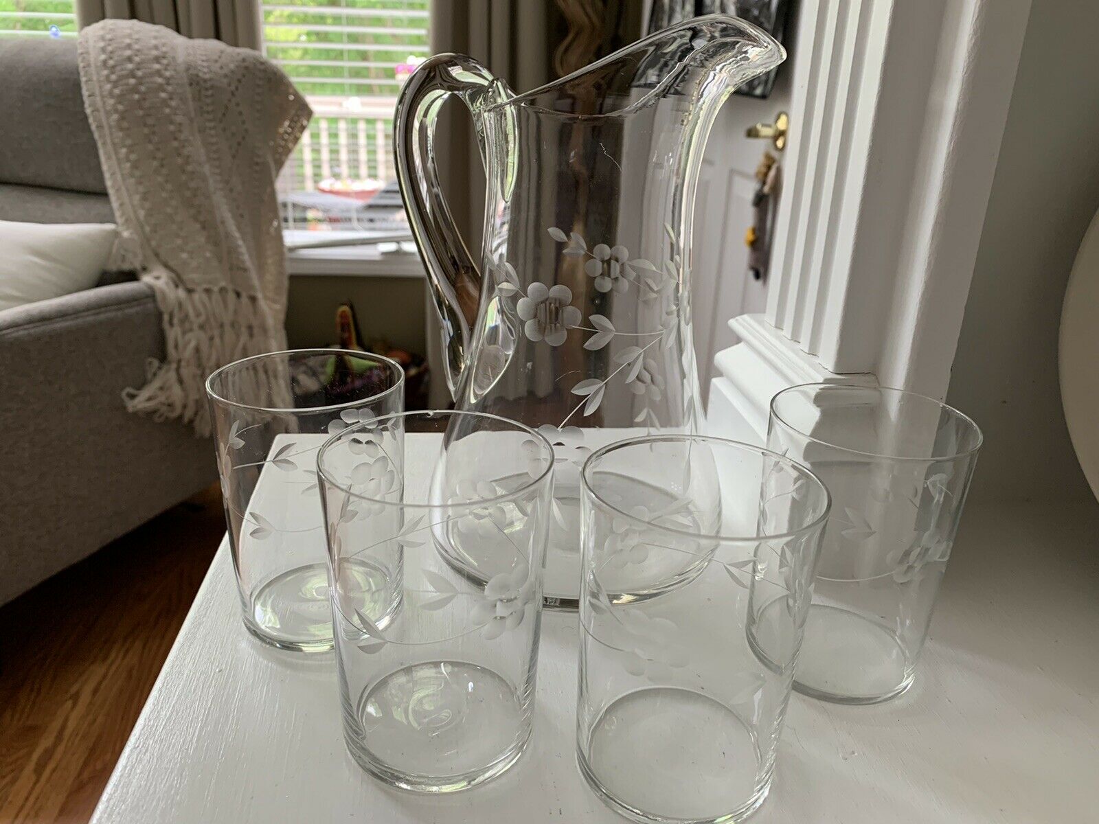 Vintage EAPG Glass Pitcher w/4 Glasses Floral and Leaves Etch Applied Handle