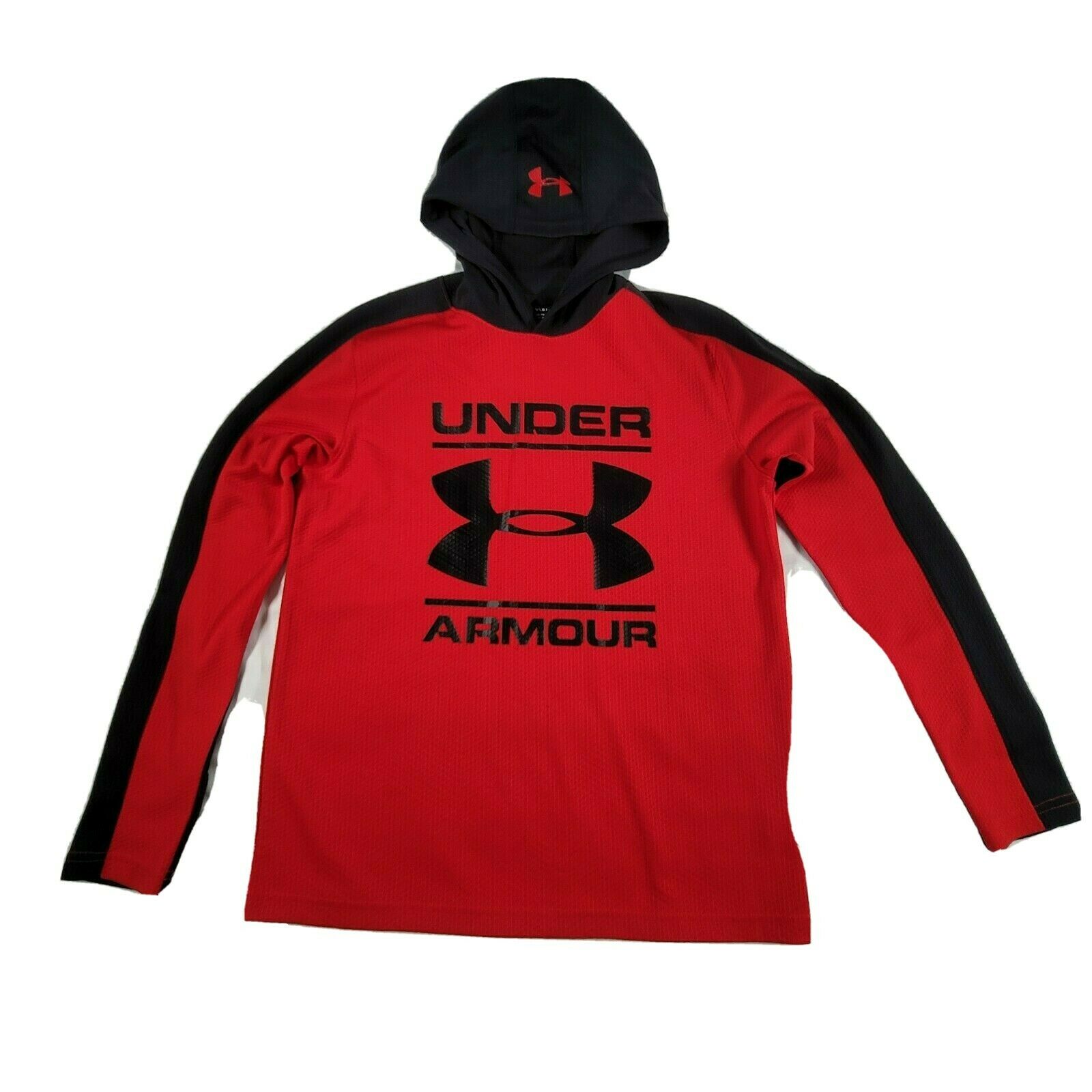 Under Armour Boys Youth L Red Black Cold Gear Long Sleeve Light Hooded Pullover