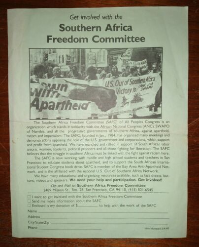 Southern Africa Freedom Committee Original 1980's Anti Apartheid Handbill/flyer