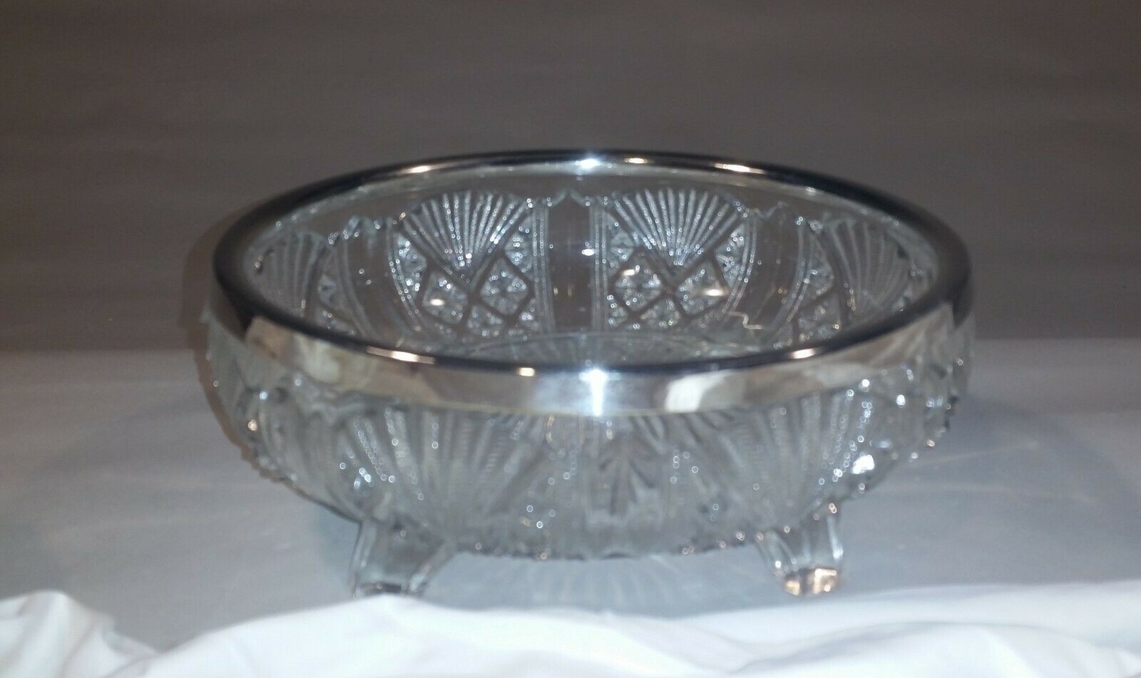 Vintage Pressed Glass Footed Bowl With Silver Rim